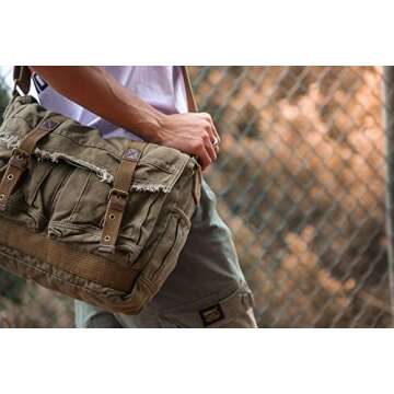 Gootium Canvas Messenger Bag - Vintage Shoulder Bag Frayed Style Boho Purse, Olive Brown