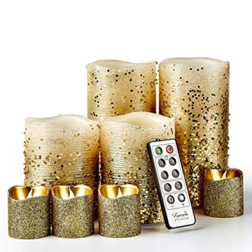 FURORA LIGHTING Gold Glitter Real Wax Candles with Remote and Timer, 4 Pillars and 4 Votives Pack of...