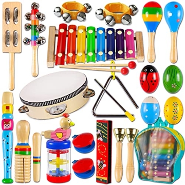 LOOIKOOS Toddler Musical Instruments, Wooden Percussion Instruments Toy Set for Preschool Kids with ...