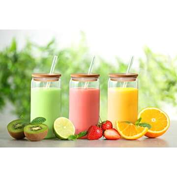 MMonDod 8 Pack 16 oz Glass Cups with Lids and Straws,Iced Coffee Cup,Glass Beer Cups with Bamboo Lids and Straws,Can Shaped Glass Cups,Glass Soda Can Cup, Can Tumbler Glasses with Lid and Straw
