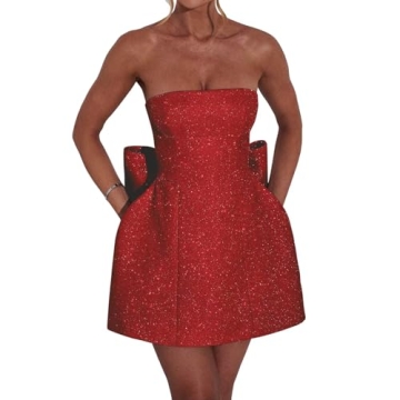 Cabernet Sparkle Short Cocktail Dresses for Women 2024 Glitter Strapless Mini Night Clubbing Party D...