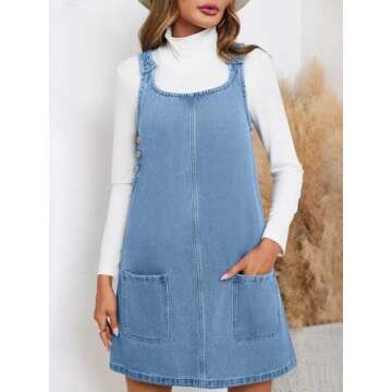 BZB Women's Sleeveless Casual Denim Dress Crewneck Vintage Overall Mini Dress with Pockets (Blue, Me...