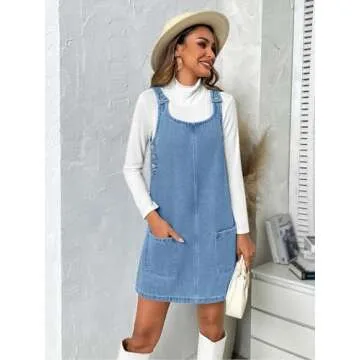 BZB Women's Sleeveless Casual Denim Dress Crewneck Vintage Overall Mini Dress with Pockets (Blue, Medium)