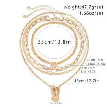 KunJoe Layered Gold Necklaces Stack for Women,Chunky Gold Necklace Herringbone Paperclip Chain Necklace Pendant Dainty Cuban Chain Toggle Clasp Jewelry (Retro Coin Medallion)