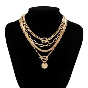 KunJoe Layered Gold Necklaces Stack for Women,Chunky Gold Necklace Herringbone Paperclip Chain Necklace Pendant Dainty Cuban Chain Toggle Clasp Jewelry (Retro Coin Medallion)