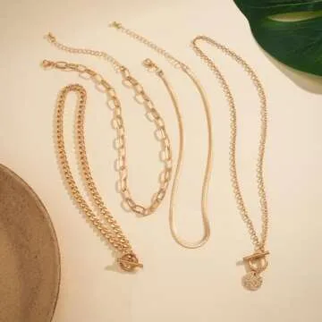 KunJoe Layered Gold Necklaces Stack for Women,Chunky Gold Necklace Herringbone Paperclip Chain Necklace Pendant Dainty Cuban Chain Toggle Clasp Jewelry (Retro Coin Medallion)