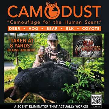 CAMODUST- The Scent Eliminator for Hunting - Human Scent Killer -For Deer, Bear,& Hogs. A Powder for Hunters to Eliminate Odor, This is a Hunting Essential. -(1) Sock Applicator Included In Can