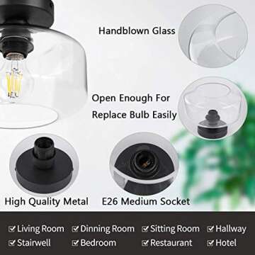 TeHenoo Industrial Ceiling Light Fixture,Clear Glass Shade, Semi Flush Mount Ceiling Light for Hallway, Entryway, Cafe, Bar, Corridor, Porch,Passway