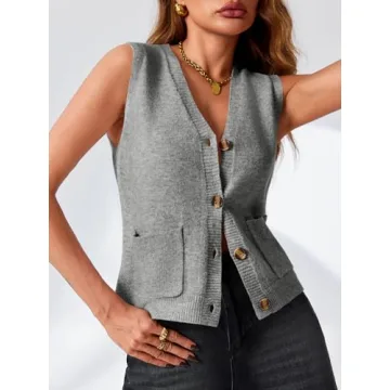 Saodimallsu Womens Sleeveless Sweater Vest Button V Neck Knit Trendy Casual Summer Cardigan with Pockets Grey