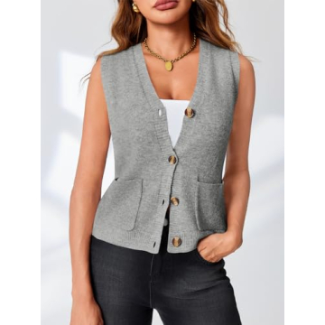 Saodimallsu Womens Sleeveless Sweater Vest Button V Neck Knit Trendy Casual Summer Cardigan with Pockets Grey