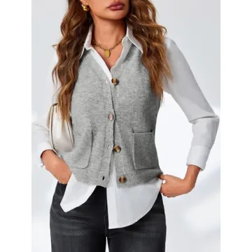 Saodimallsu Womens Sleeveless Sweater Vest Button V Neck Knit Trendy Casual Summer Cardigan with Pockets Grey