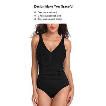 PERONA Women's Tummy Control Swimsuit One Piece Bathing Suit Vintage Printed Swimwear (US 6(Read The Size Chart in Our Image), Solid Black)