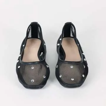 The Drop Women's Pepper Ballet Flat with Bow, Black Mesh/Rhinestone, 5.5