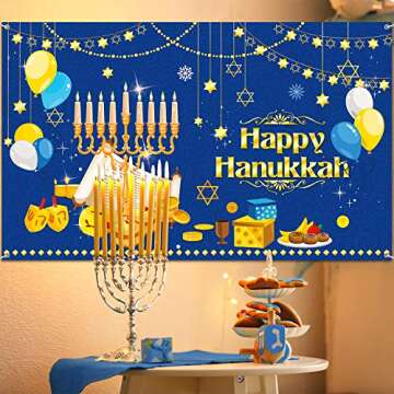 Tatuo Large Happy Hanukkah Party Decoration Chanukah Photography Backdrop 70.9 x 43.3 Inch Hanukkah Menorah Blue Shiny Lamp Chanukah Background Hanukkah Party Supply Festive Indoor Outdoor Yard Home