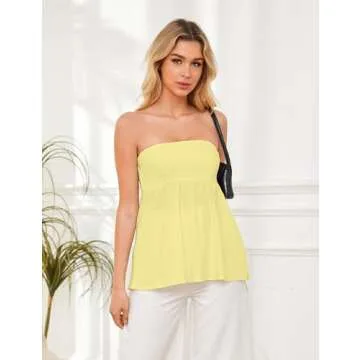 Ythomm Womens’s Ruffle Hem Bandeau Tube Tops Casual Sleeveless Strapless Peplum Flowy Blouse Shirts Summer Going Out Tanks Yellow