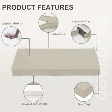 Favoyard Outdoor Bench Cushion 45 x 18 Inch Waterproof Patio Furniture Cushions 3-Year Color Fastness Garden Sofa Settee Couch Swing Pads with Handle and Adjustable Straps, Beige