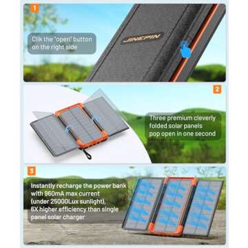 Power Bank Solar Charger 46800mAh Built in 4 Cables 3 Foldable Solar Panels, PD20W Fast Charging Por...
