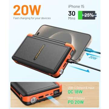 Power Bank Solar Charger 46800mAh Built in 4 Cables 3 Foldable Solar Panels, PD20W Fast Charging Portable Charger, LED Display Powerbank USB C in/Output, External Battery Pack with SOS Camping Light