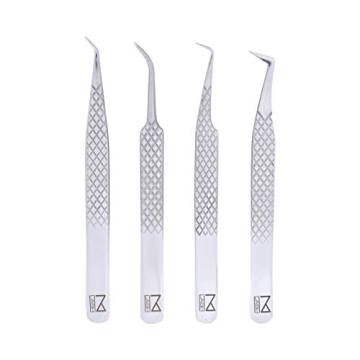 M LASH Tweezers for Eyelash Extensions Set of 4 - Professional Fiber Tip Tweezers, Japanese Steel, D...