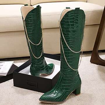 LEHOOR Women Green Chunky Heel Knee High Western Boots Wide Calf Pointed Toe Crocodile Cowboy Boots ...