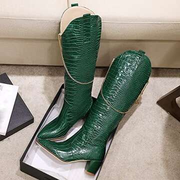 LEHOOR Women Green Chunky Heel Knee High Western Boots Wide Calf Pointed Toe Crocodile Cowboy Boots Green Gold Chain V-Cut Pull Up 2" Mid Stacked Heel Long Boots Cowgirl Sexy Retro 11 M US