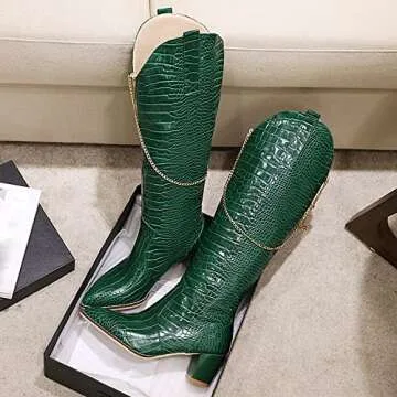 LEHOOR Women Green Chunky Heel Knee High Western Boots Wide Calf Pointed Toe Crocodile Cowboy Boots Green Gold Chain V-Cut Pull Up 2" Mid Stacked Heel Long Boots Cowgirl Sexy Retro 11 M US