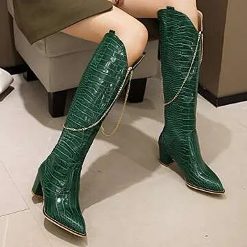 LEHOOR Women Green Chunky Heel Knee High Western Boots Wide Calf Pointed Toe Crocodile Cowboy Boots Green Gold Chain V-Cut Pull Up 2" Mid Stacked Heel Long Boots Cowgirl Sexy Retro 11 M US
