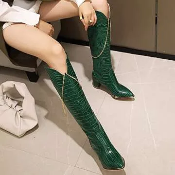 LEHOOR Women Green Chunky Heel Knee High Western Boots Wide Calf Pointed Toe Crocodile Cowboy Boots Green Gold Chain V-Cut Pull Up 2" Mid Stacked Heel Long Boots Cowgirl Sexy Retro 11 M US