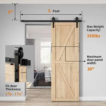 HomLxclx 5ft Heavy Duty Sturdy Sliding Barn Hardware Kit Single Smoothly and Quietly-Simple and Easy to Install-Fit 1 3/8-1 3/4 inch Thickness Door Panel(Black)(J Shape Hangers)