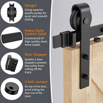 HomLxclx 5ft Heavy Duty Sturdy Sliding Barn Hardware Kit Single Smoothly and Quietly-Simple and Easy to Install-Fit 1 3/8-1 3/4 inch Thickness Door Panel(Black)(J Shape Hangers)