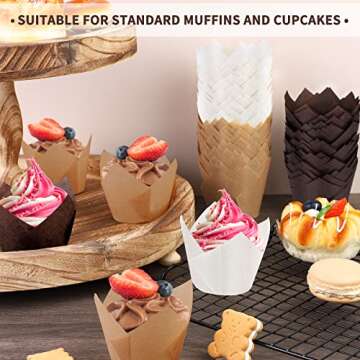 Ruisita 180 Pieces Tulip Cupcake Liners Baking Cups Cupcake Muffin Liners Holder Cupcake Wrappers for Parties, Weddings, Birthdays, Baby Showers (Small, Brown, Natural, White)
