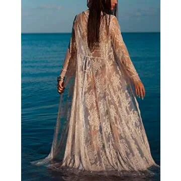 Bsubseach Lace Long Sleeve Beach Kimono Cover Up for Women Bikini Swimsuit Cover Ups Swimwear Cardigan White