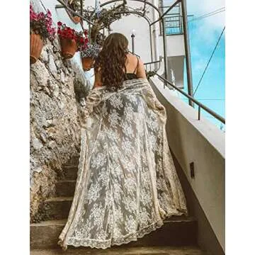 Bsubseach Lace Long Sleeve Beach Kimono Cover Up for Women Bikini Swimsuit Cover Ups Swimwear Cardigan White