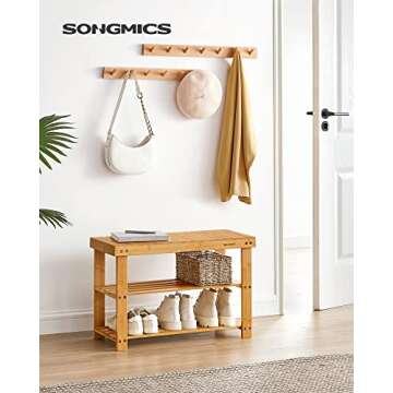 SONGMICS Shoe Rack Bench, 3-Tier Bamboo Shoe Storage Organizer, 11.3 x 27.6 x 17.8 Inches, Natural U...
