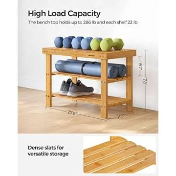 SONGMICS Shoe Rack Bench, 3-Tier Bamboo Shoe Storage Organizer, 11.3 x 27.6 x 17.8 Inches, Natural ULBS04N