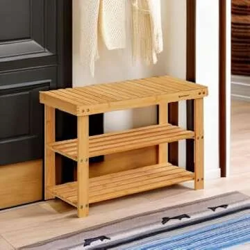 SONGMICS Shoe Rack Bench, 3-Tier Bamboo Shoe Storage Organizer, 11.3 x 27.6 x 17.8 Inches, Natural ULBS04N
