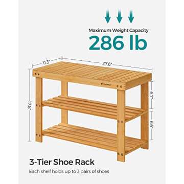 SONGMICS Shoe Rack Bench, 3-Tier Bamboo Shoe Storage Organizer, 11.3 x 27.6 x 17.8 Inches, Natural ULBS04N