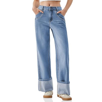 PLNOTME Womens Baggy Jeans - Trendy Wide Leg Cuffed Hem Denim Pants in Blue