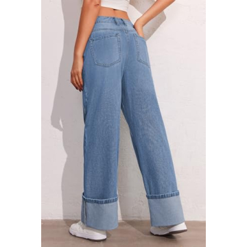 PLNOTME Womens Trendy Baggy Jeans with Cuffed Hem