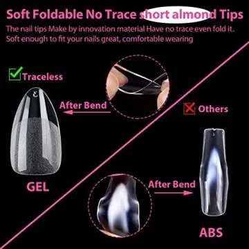 UNA GELLA Short Fake Nails Tips Almond Shape 504PCS Soft Press On Gel x Nail Tips Pre Shaped For Women Home Almond Nail Extension Full Cover, 12 Sizes Acrylic Gelly Tips