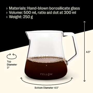 Fellow Mighty Small Glass Carafe - Manual Pour Over Coffee Beaker and Tea Steeper, Borosilicate Glass Decanter, 16.9 oz Clear Container