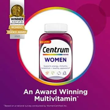 Centrum Multivitamin for Women, Multivitamin/Multimineral Supplement with Iron, Vitamin D3, B Vitamins and Antioxidant Vitamins C and E, Tablet, Gluten Free, Non-GMO Ingredients - 250 Count
