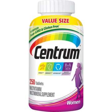 Centrum Multivitamin for Women, Multivitamin/Multimineral Supplement with Iron, Vitamin D3, B Vitamins and Antioxidant Vitamins C and E, Tablet, Gluten Free, Non-GMO Ingredients - 250 Count