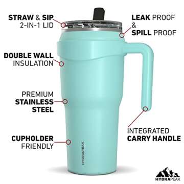 Hydrapeak Roadster 40oz Stainless Steel Tumbler Double Wall Vacuum Insulated Water Bottle With Handle And 2 in 1 Straw Lid (Aqua)