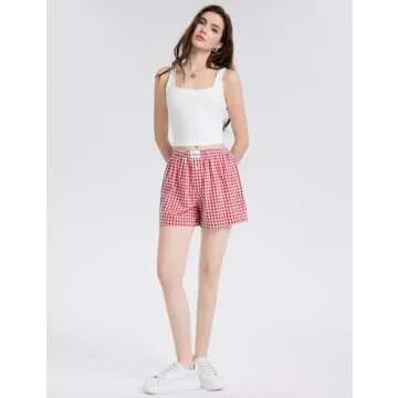 LOMON Womens Boxer Shorts Casual Summer Cotton Pajama Lounge Sleep Pj Gingham Plaid Shorts Y2K Beach Bottoms (Red White Plaid L)