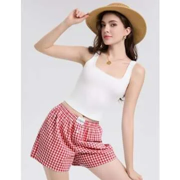 LOMON Womens Boxer Shorts Casual Summer Cotton Pajama Lounge Sleep Pj Gingham Plaid Shorts Y2K Beach Bottoms (Red White Plaid L)