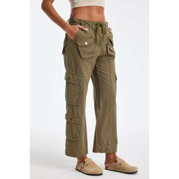 GREAIDEA Cargo Pants for Women Low Rise Drawstring Waist 7 Pockets Hiking Work Wide Leg Pants with Zipper Button Closure Olive Green