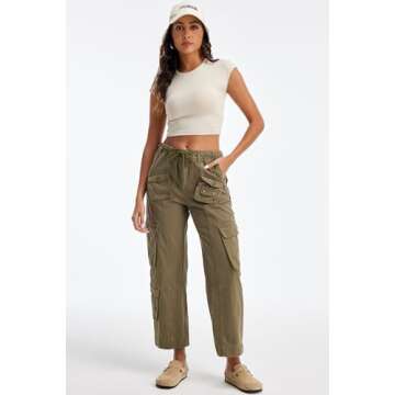 GREAIDEA Cargo Pants for Women Low Rise Drawstring Waist 7 Pockets Hiking Work Wide Leg Pants with Zipper Button Closure Olive Green
