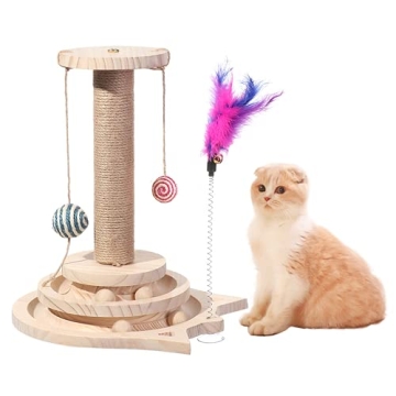 Marchul Cat Scratching Post with Hanging Ball, Kitten Sisal Scratcher Toy with 2 Layer Tracks Spinni...