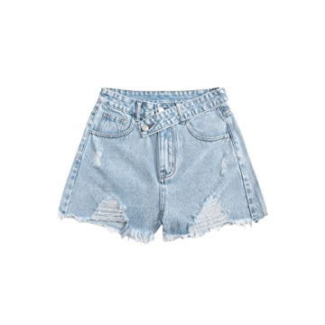 SweatyRocks Women's Casual High Waist Raw Hem Ripped Denim Jean Shorts with Pocket Vintage Light Blue S